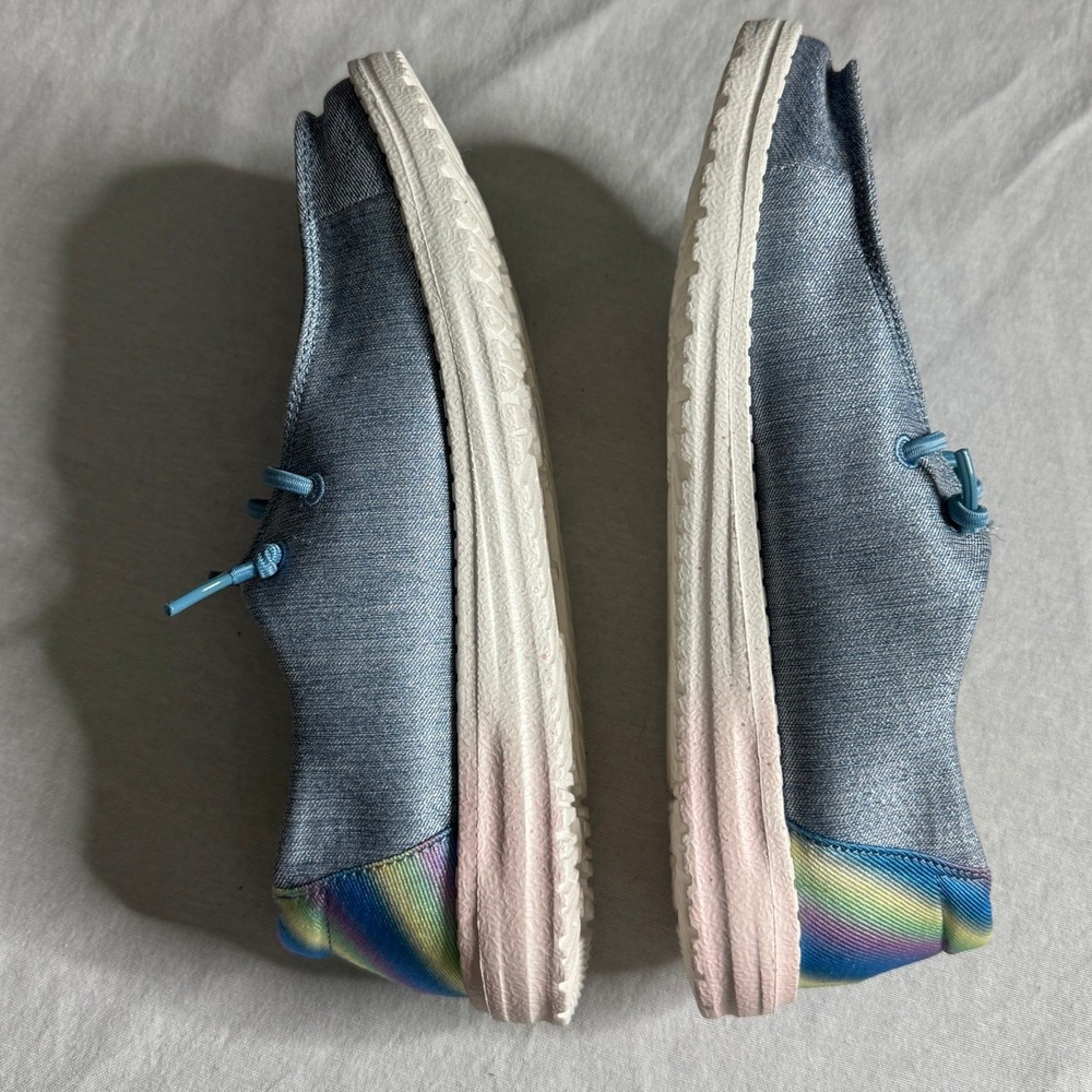 Hey Dude Wendy Sparkle Denim Rainbow Heel Slip On Moc Toe Shoes Youth 6 Womens 7 - Picture 6 of 10